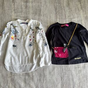Desigual Artistic White and Black Girls Long Sleeve Blouses, Size 5/6